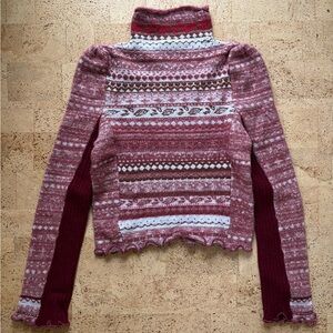 Free People Pink and Red Patterned Turtleneck Sweater